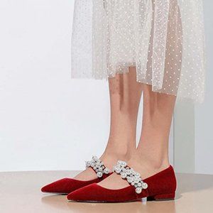 A XYD Red Pointed Toe Mary Jane Chunky Heels Pumps Single Strap with Pearl Shoes